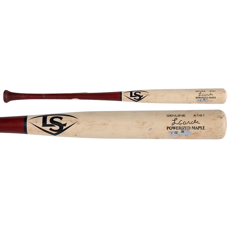Batte Louisville Slugger cassée, couleur beige/rouge, utilisée par Luis García Jr. (Washington Nationals) lors du match contre les Mets de New York le 19 septembre 2025.