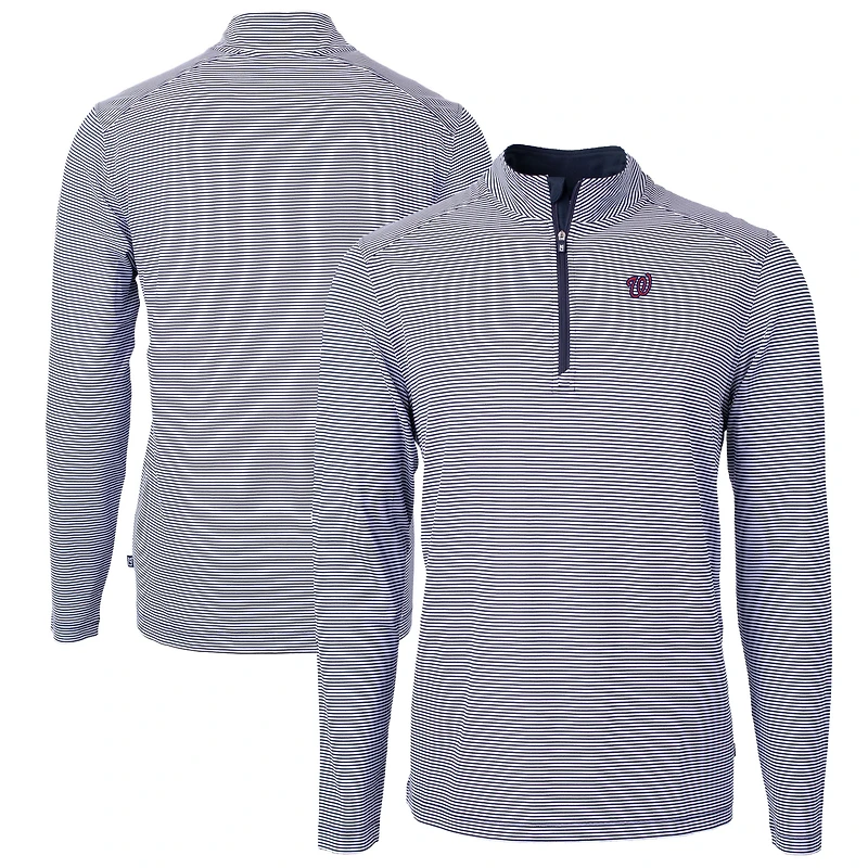 Pull-over zippé quart de tour recyclé à rayures micro-rayures et col rond pour homme, bleu marine/blanc, des Washington Nationals, Cutter & Buck, Virtue Eco Pique, taille grande