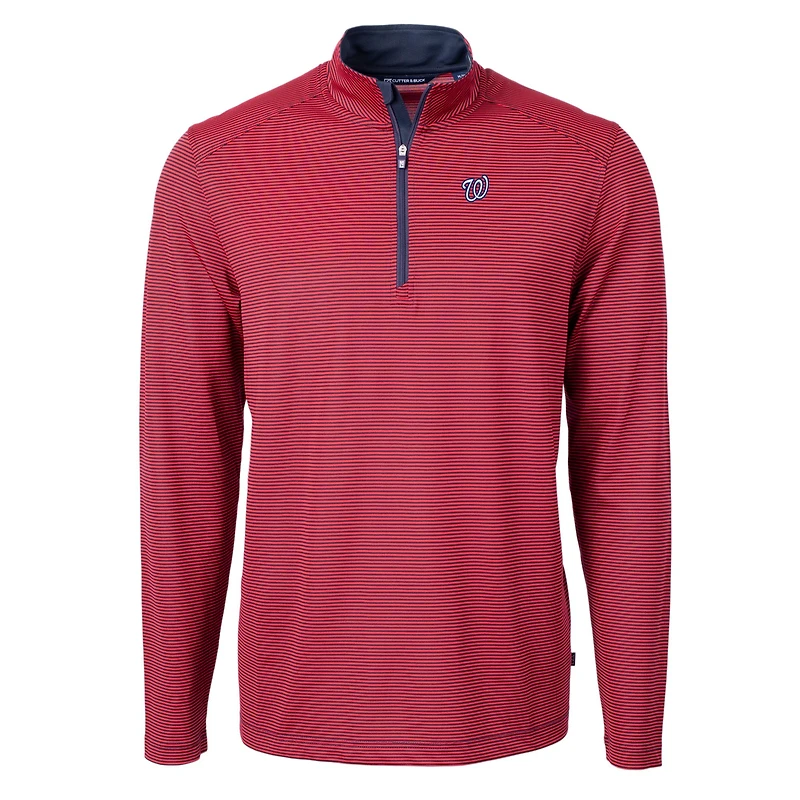 Pull-over zippé recyclé à micro-rayures et en piqué écologique pour homme, couleur rouge/bleu marine, des Nationals de Washington, Cutter & Buck, la collection Virtue.