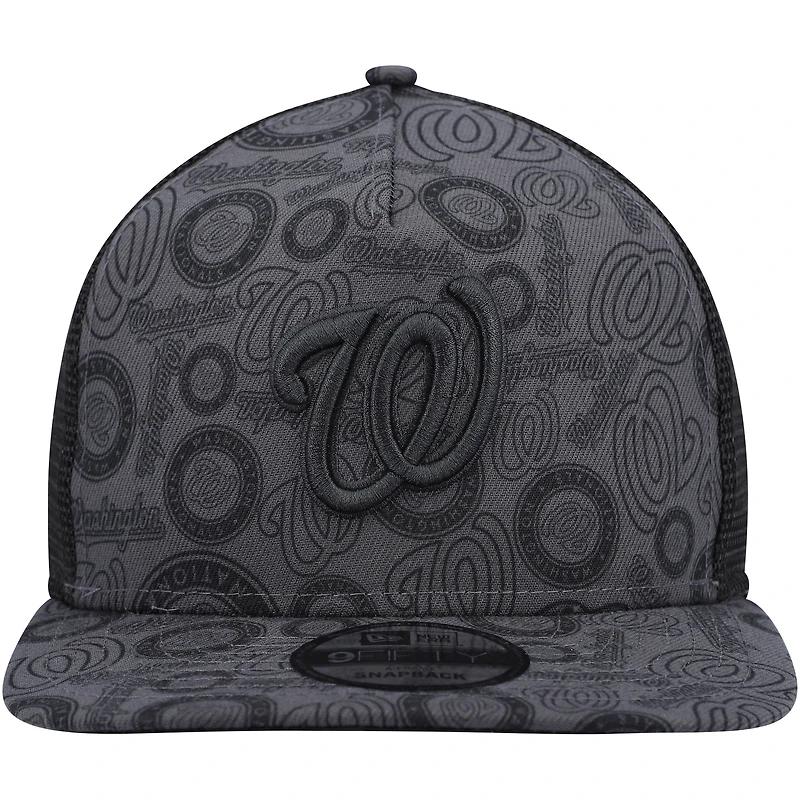 Men's New Era Black Washington Nationals Repeat A-Frame 9FIFTY Trucker Snapback Hat