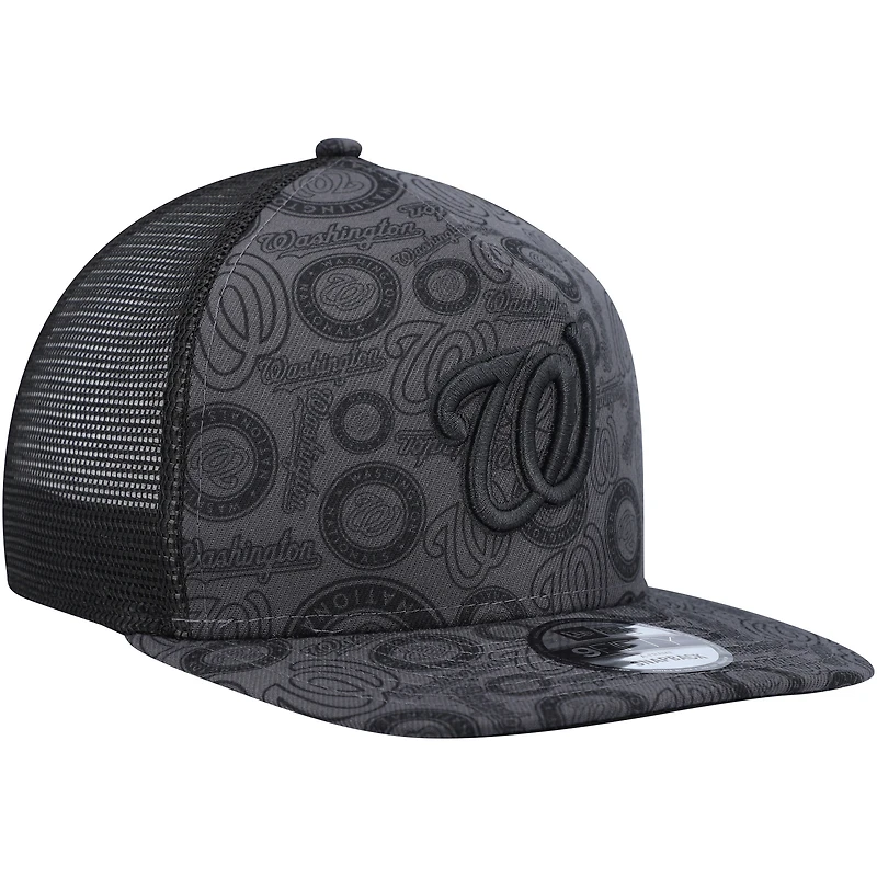 Men's New Era Black Washington Nationals Repeat A-Frame 9FIFTY Trucker Snapback Hat