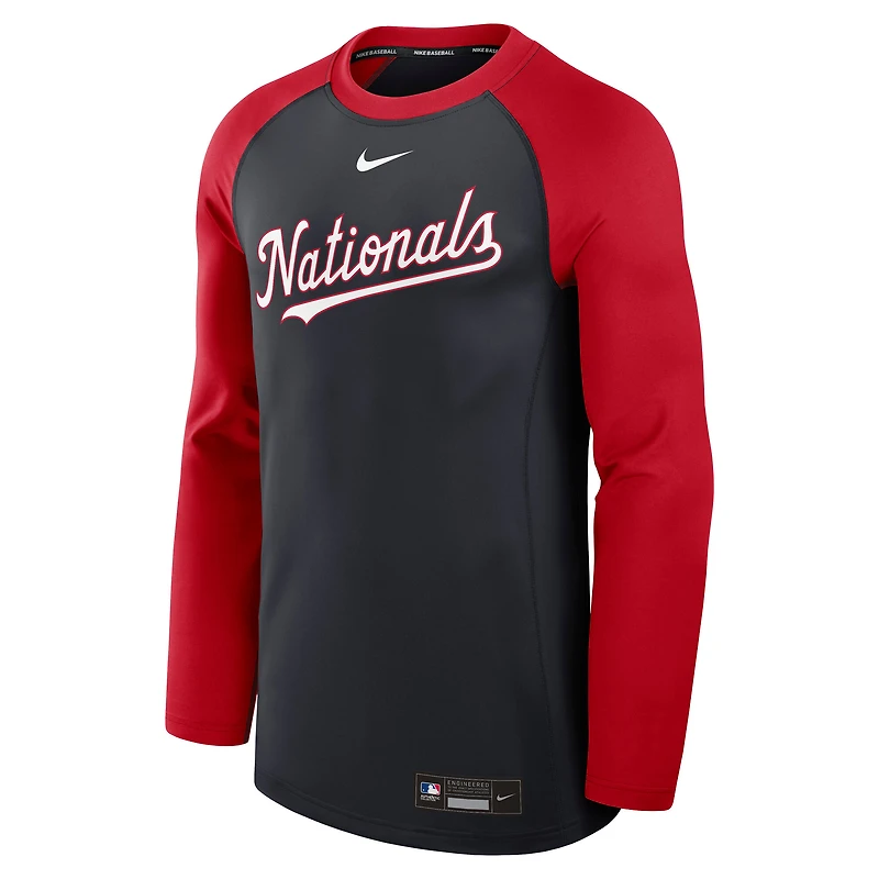 T-shirt à manches longues Nike bleu marine/rouge Washington Nationals Authentic Collection Game Time Raglan Dri-FIT pour homme