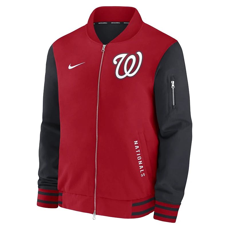 Veste aviateur Nike rouge/bleu marine pour homme, collection authentique des Nationals de Washington, coupe décontractée, entièrement zippée.