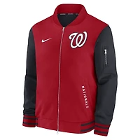 Veste aviateur Nike rouge/bleu marine pour homme, collection authentique des Nationals de Washington, coupe décontractée, entièrement zippée.