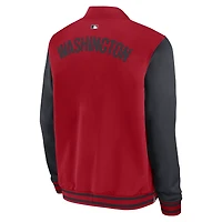 Veste aviateur Nike rouge/bleu marine pour homme, collection authentique des Nationals de Washington, coupe décontractée, entièrement zippée.