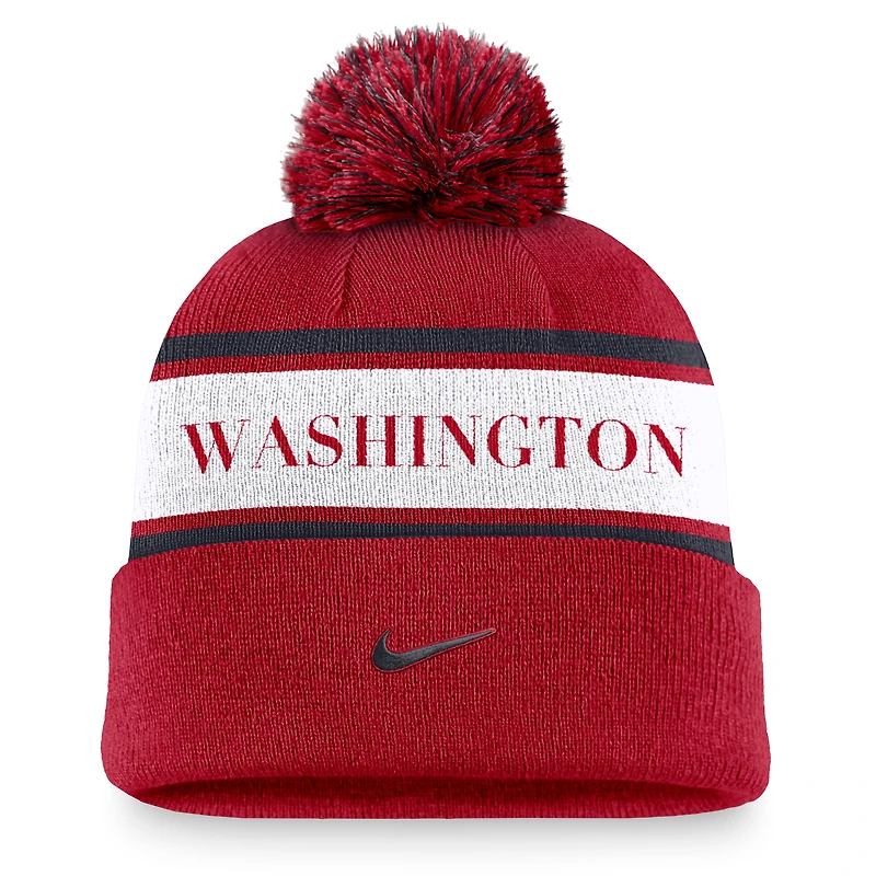 Bonnet en tricot à revers Nike Red Washington Nationals Team Stripe Peak pour hommes avec pompon