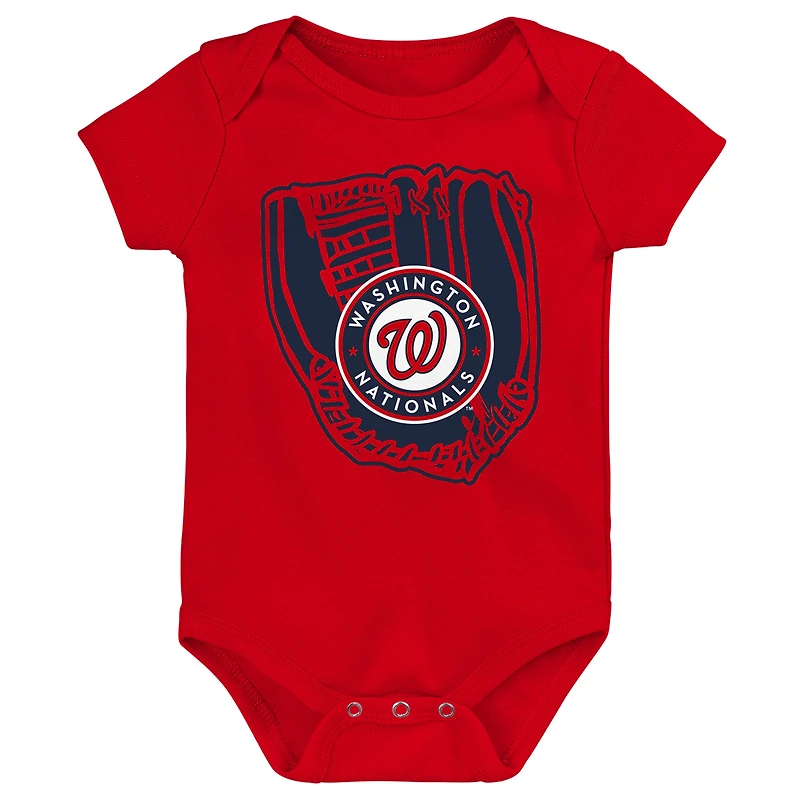 Ensemble de trois bodies pour nouveau-né et nourrisson, bleu marine/rouge/blanc, représentant un joueur des ligues mineures Washington Nationals