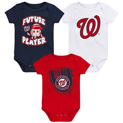 Ensemble de trois bodies pour nouveau-né et nourrisson, bleu marine/rouge/blanc, représentant un joueur des ligues mineures Washington Nationals