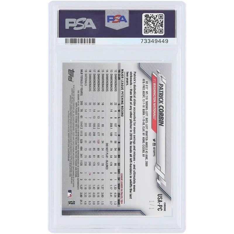 Patrick Corbin Washington Nationals Autographié 2020 Topps Chrome Update Superfractor #USA-PC #1/1 PSA Authentifié Mint 9 Carte