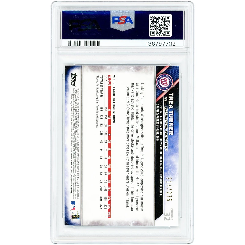 Trea Turner Washington Nationals 2016 Topps Chrome Purple Refractor #32 #214/275 PSA Authenticated 10 Rookie Card