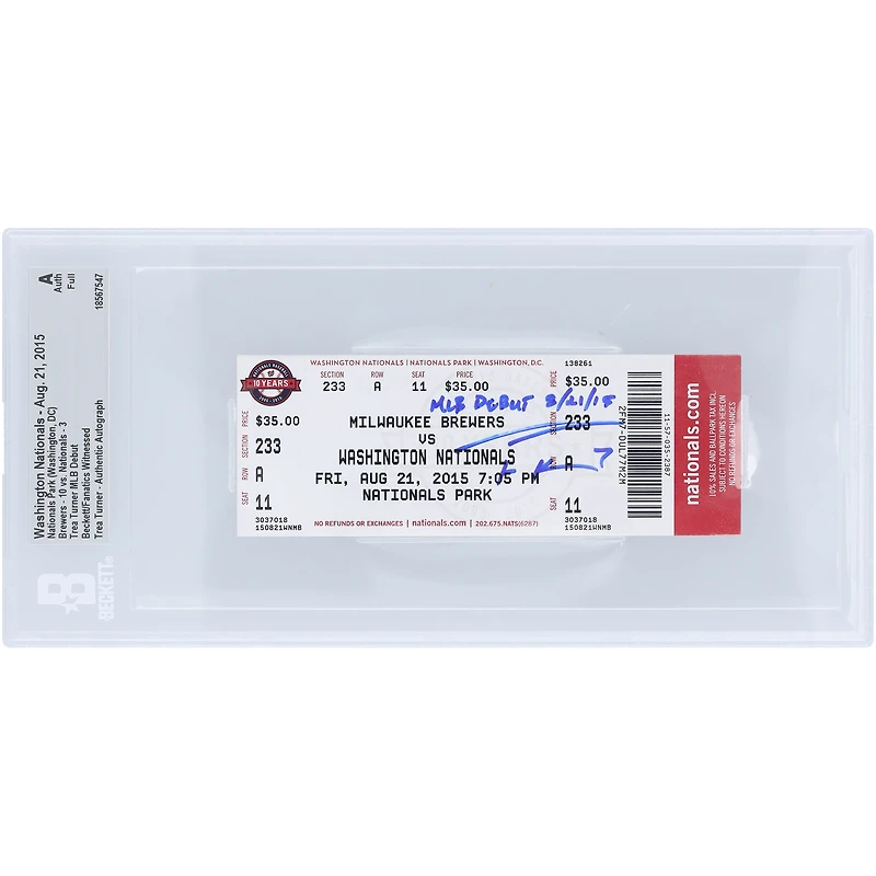 Billet authentifié par Beckett Fanatics Witnessed, signé par Trea Turner, pour son premier match en MLB avec les Washington Nationals, le 21 août 2015, avec l'inscription « Début en MLB le 21/08/15 ».