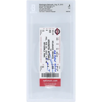 Billet authentifié par Beckett Fanatics Witnessed, signé par Trea Turner, pour son premier match en MLB avec les Washington Nationals, le 21 août 2015, avec l'inscription « Début en MLB le 21/08/15 ».
