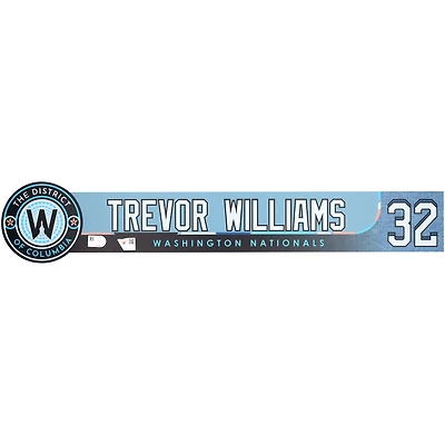 Plaque nominative Blue City Connect n° 32 de Trevor Williams, joueur des Washington Nationals, saison 2025 de la MLB