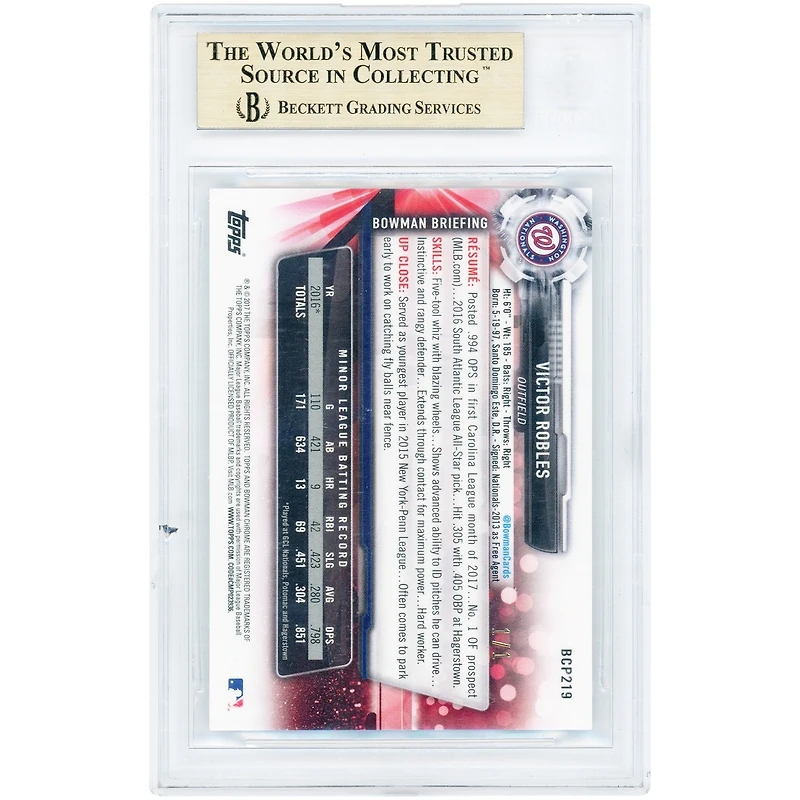 Victor Robles Washington Nationals 2017 Bowman Chrome Black Shimmer Refractor #BCP219 #1/1 BGS Authenticated 9.5 Card - 9,9.5,9.5,9.5 Subgrades
