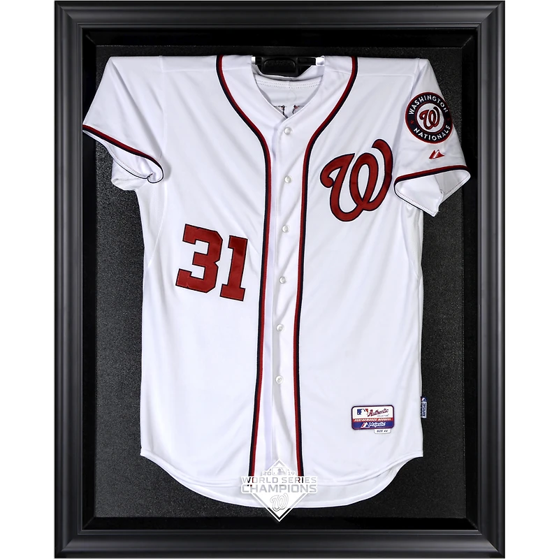 Vitrine de maillot avec logo des champions de la série mondiale 2019 avec cadre noir des Washington Nationals