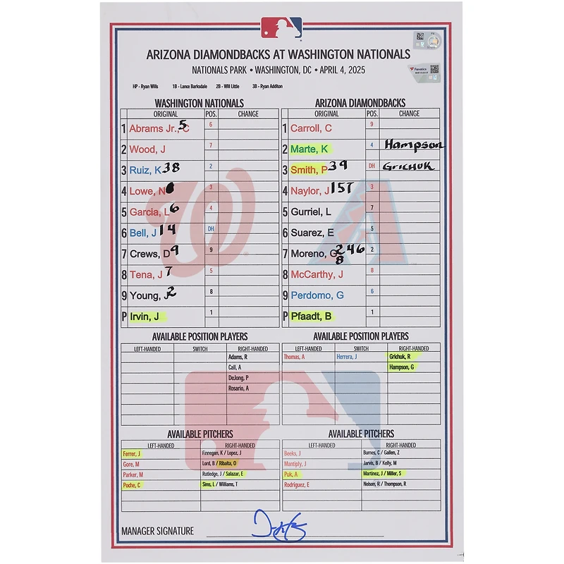Carte de composition des Nationals de Washington contre les Diamondbacks de l'Arizona, le 4 avril 2025