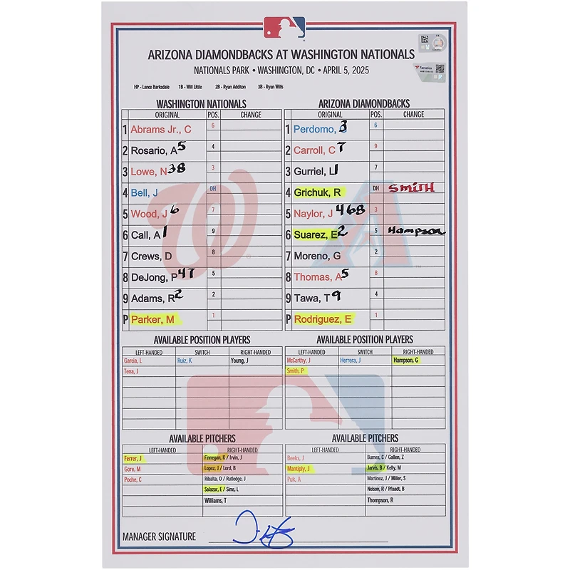 Carte de composition des Nationals de Washington lors du match contre les Diamondbacks de l'Arizona