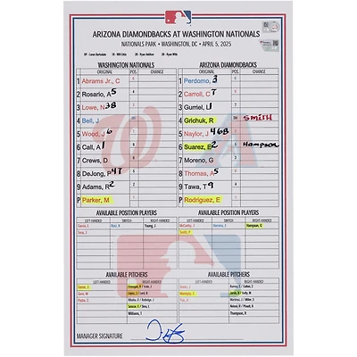 Carte de composition des Nationals de Washington lors du match contre les Diamondbacks de l'Arizona