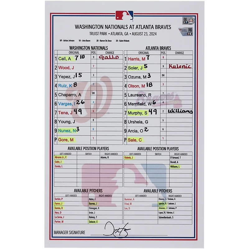 Washington Nationals Game-Used Lineup Card vs. Atlanta Braves on August 23, 2024 