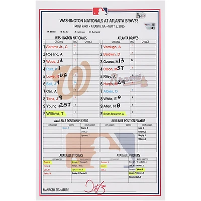 Washington Nationals Game-Used Lineup Card vs. Atlanta Braves on May 15, 2025