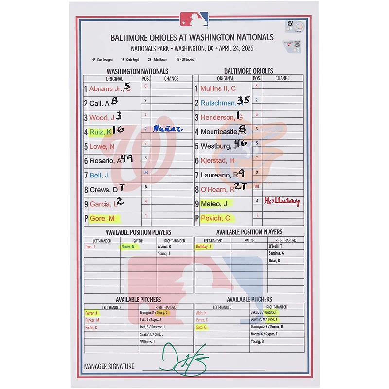 Carte de composition des Nationals de Washington lors du match contre les Orioles de Baltimore