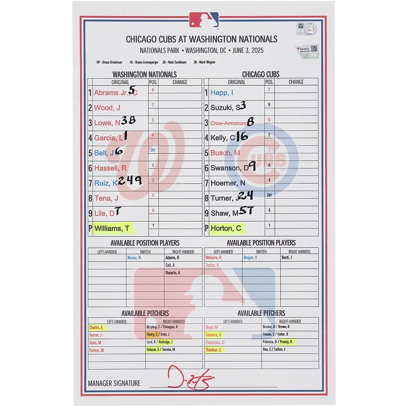 Carte de composition des Nationals de Washington lors du match contre les Cubs de Chicago