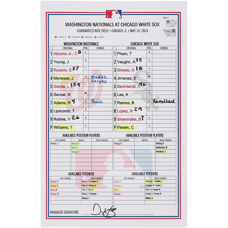 Washington Nationals Game-Used Lineup Card vs. Chicago White Sox on May 14, 2024 - Game One of Doubleheader