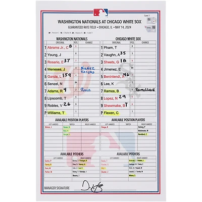Washington Nationals Game-Used Lineup Card vs. Chicago White Sox on May 14, 2024 - Game One of Doubleheader
