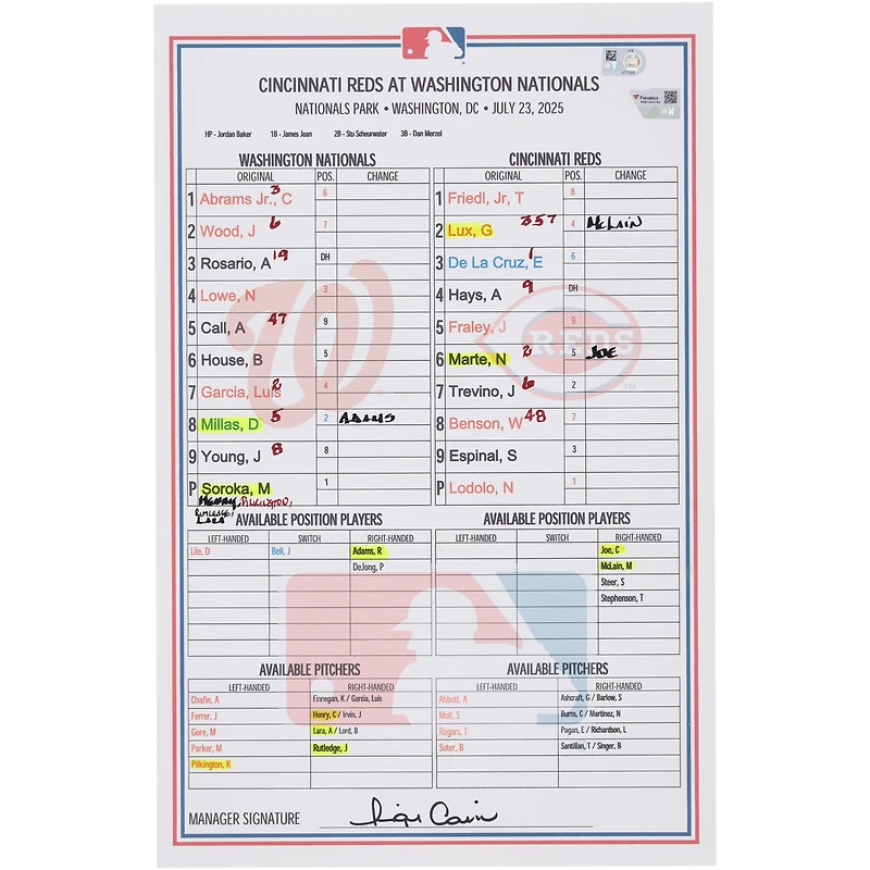 Carte de composition des Nationals de Washington contre les Reds de Cincinnati le 23 juillet 2025