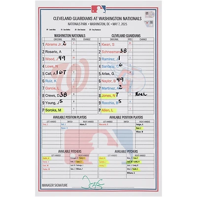 Washington Nationals Game-Used Lineup Card vs. Cleveland Guardians on May 7, 2025