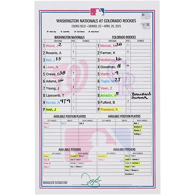 Carte de composition des Nationals de Washington contre les Rockies du Colorado le 20 avril 2025 - Match 1 du programme double