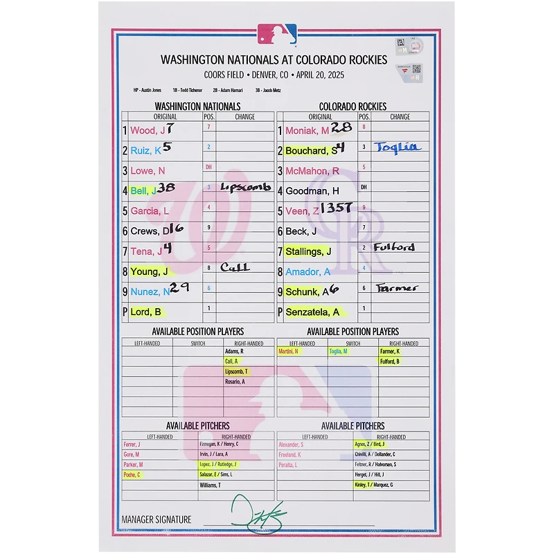 Carte de composition des Nationals de Washington contre les Rockies du Colorado, 20 avril 2025 - Match 2 du programme double