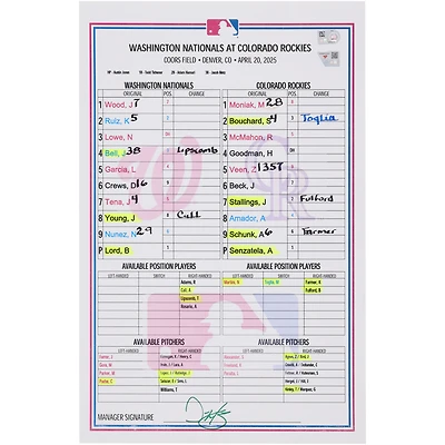 Carte de composition des Nationals de Washington contre les Rockies du Colorado, 20 avril 2025 - Match 2 du programme double
