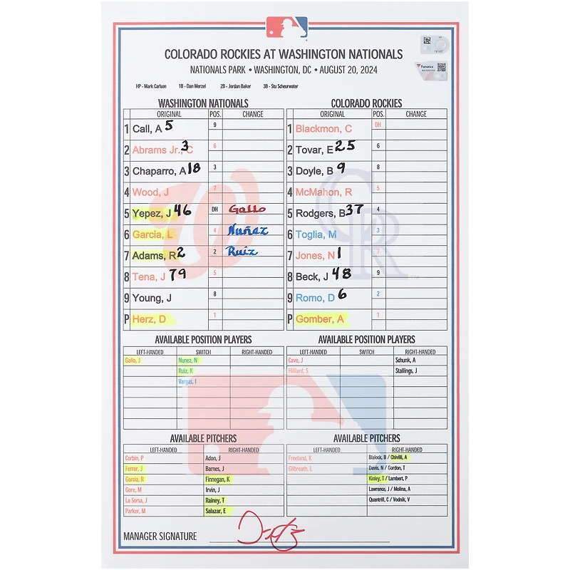 Washington Nationals Game-Used Lineup Card vs. Colorado Rockies on August 20, 2024