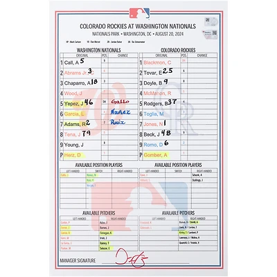 Washington Nationals Game-Used Lineup Card vs. Colorado Rockies on August 20, 2024
