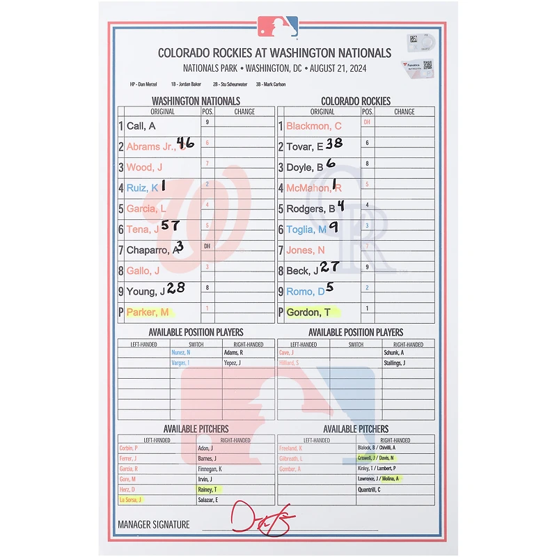 Washington Nationals Game-Used Lineup Card vs. Colorado Rockies on August 21, 2024