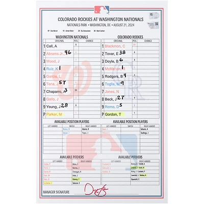 Washington Nationals Game-Used Lineup Card vs. Colorado Rockies on August 21, 2024