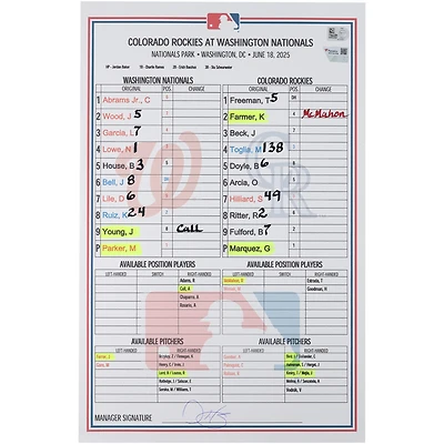 Carte de composition des Nationals de Washington lors du match contre les Rockies du Colorado, le 18 juin 2025