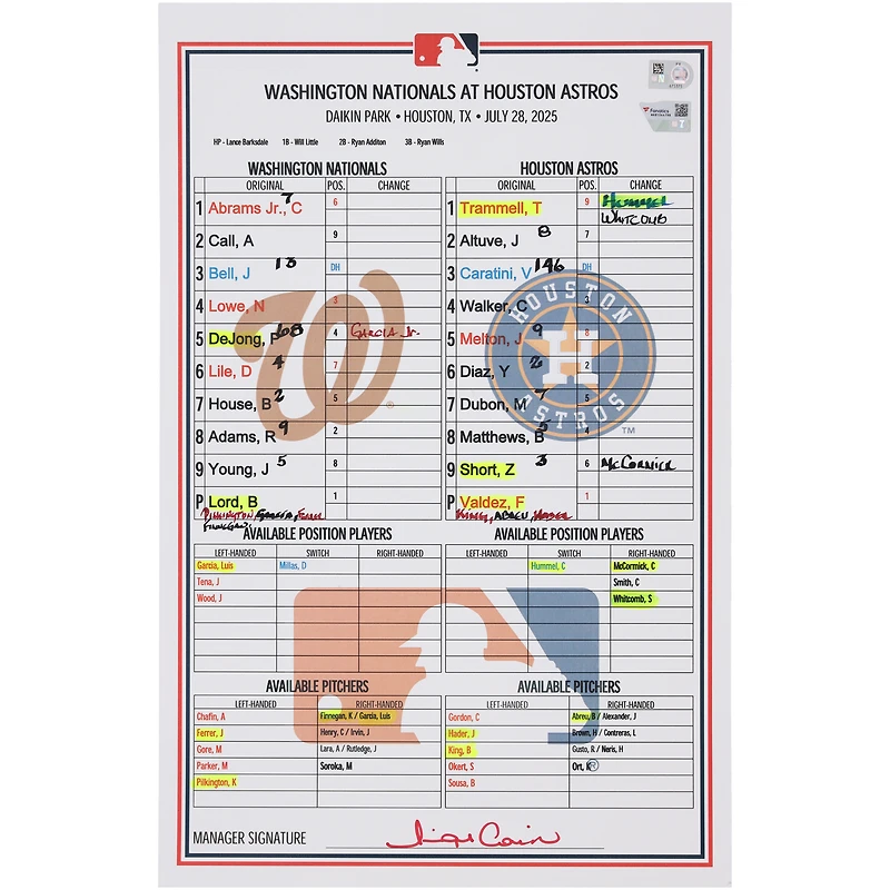Carte de composition des Nationals de Washington contre les Astros de Houston