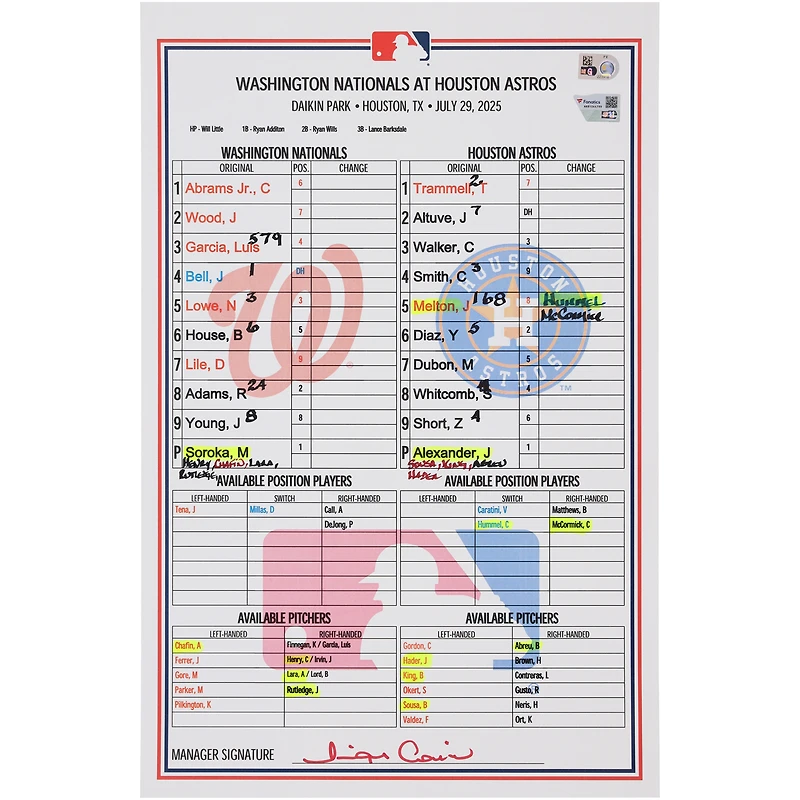 Carte de composition des Nationals de Washington lors du match contre les Astros de Houston, le 29 juillet 2025