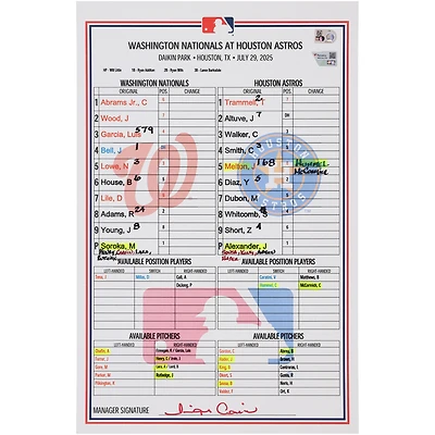 Washington Nationals Game-Used Lineup Card vs. Houston Astros on July 29, 2025