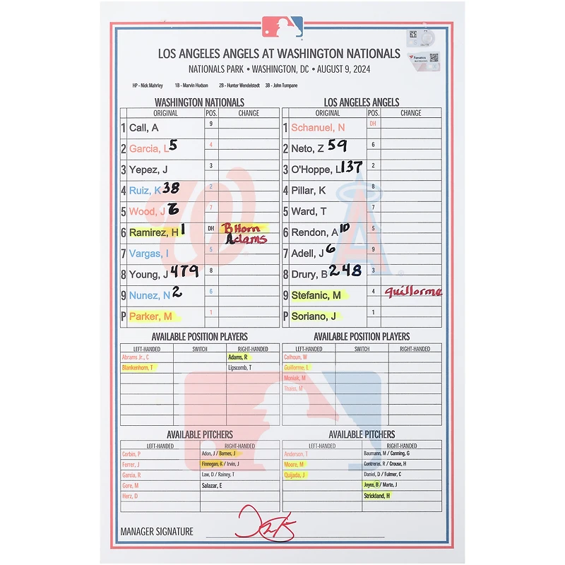 Washington Nationals Game-Used Lineup Card vs. Los Angeles Angels on August 9, 2024