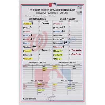 Carte de composition des Nationals de Washington lors du match contre les Dodgers de Los Angeles, le 7 avril 2025