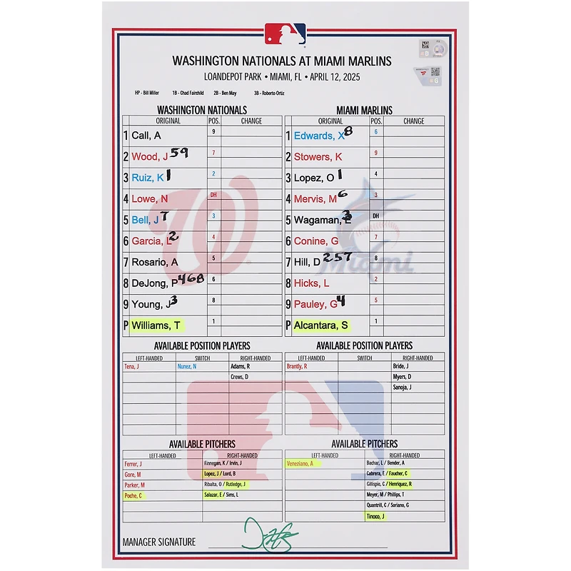 Carte de composition des Nationals de Washington contre les Marlins de Miami