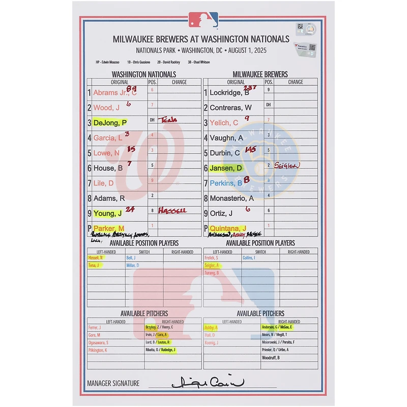Carte de composition des Nationals de Washington contre les Brewers de Milwaukee, le 1er août 2025