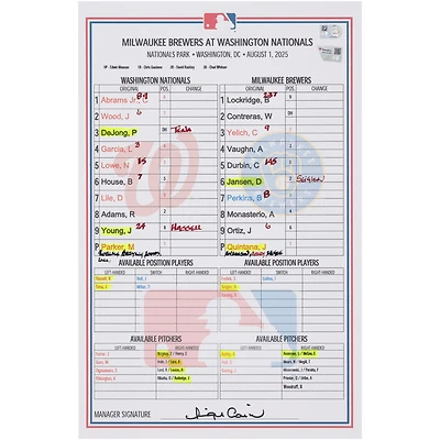 Carte de composition des Nationals de Washington contre les Brewers de Milwaukee, le 1er août 2025