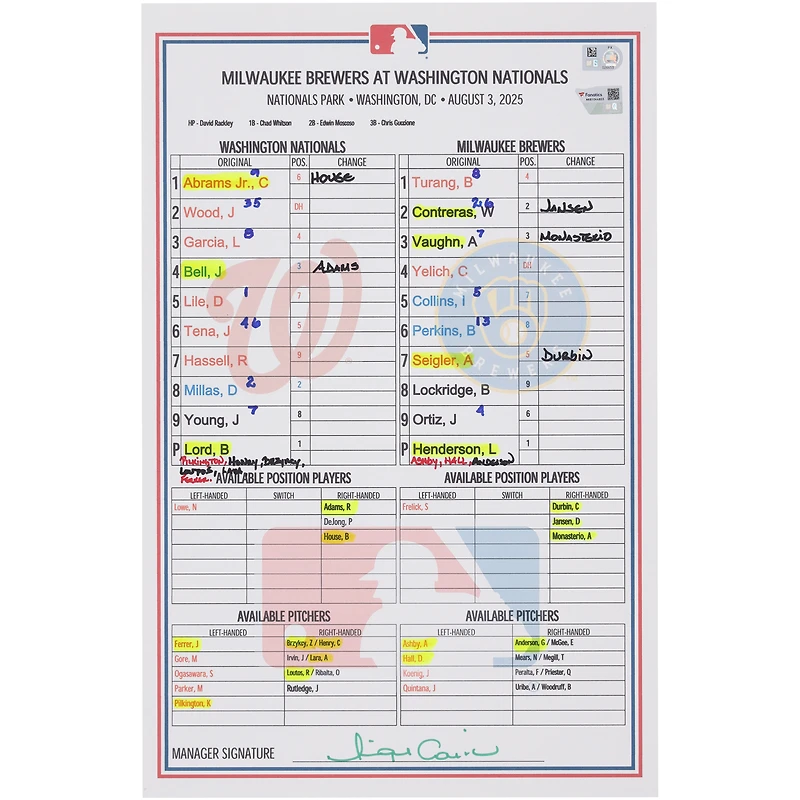 Carte de composition des Nationals de Washington lors du match contre les Brewers de Milwaukee