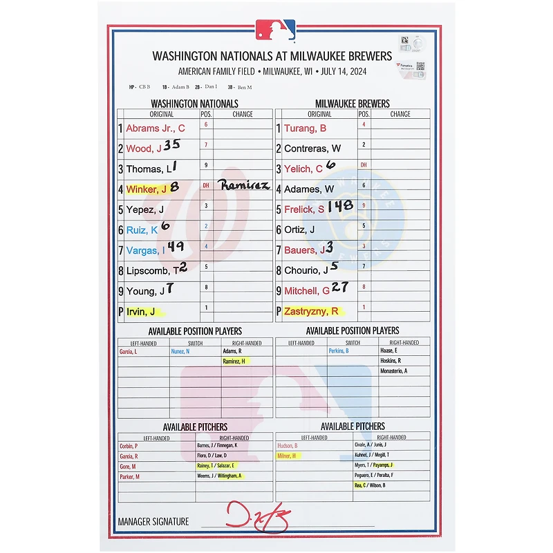 Washington Nationals Game-Used Lineup Card vs. Milwaukee Brewers on July 14, 2024