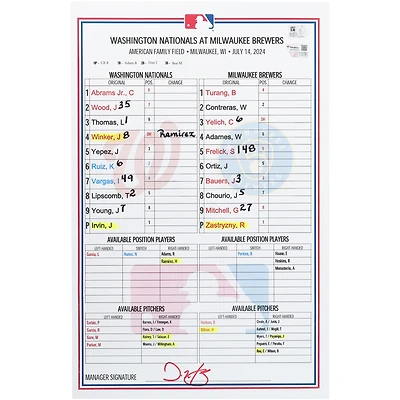 Washington Nationals Game-Used Lineup Card vs. Milwaukee Brewers on July 14, 2024