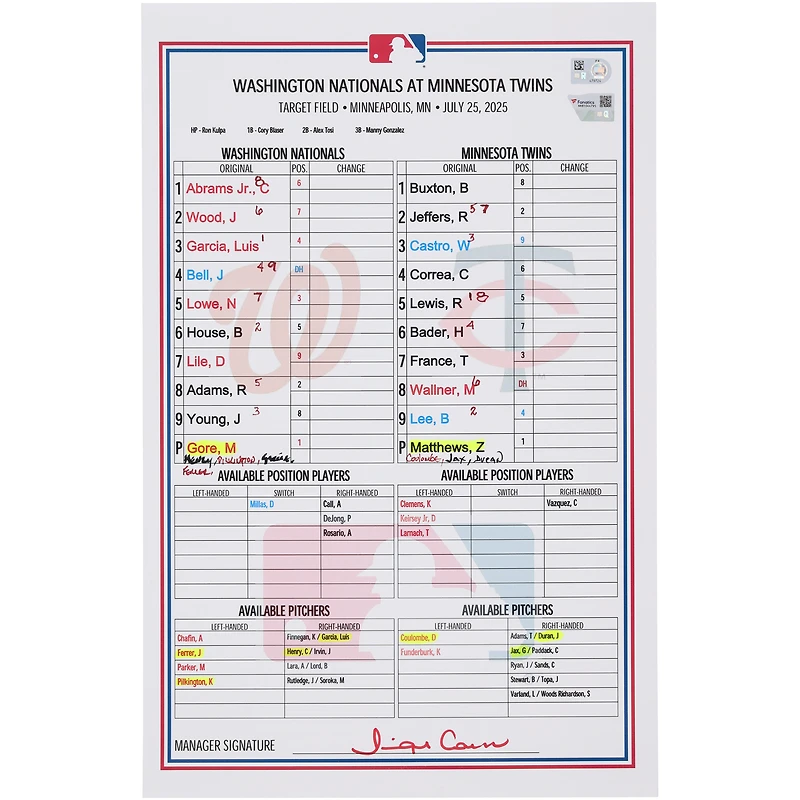 Carte de composition des équipes des Nationals de Washington contre les Twins du Minnesota, le 25 juillet 2025